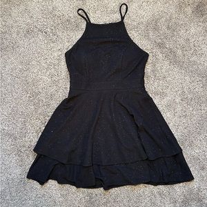 Juniors' Three Pink Hearts Black Glitter Lace Dress